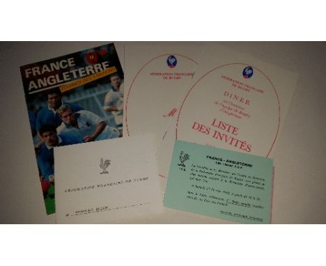 RUGBY UNION, selection from France v England, 15th Feb 1992, inc. programme, ticket, dinner menu, guest list etc., VG to EX, 