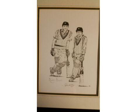 CRICKET, signed print by Sachin Tendulkar & Martyn Moxon, from an original sketch by Yorkshire wicket-keeper Richard Blakey (