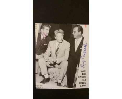 FOOTBALL, signed magazine photo by Joe Baker & Gigi Peranonce, showing both with Denis Law, Peranonce was the agent who help 