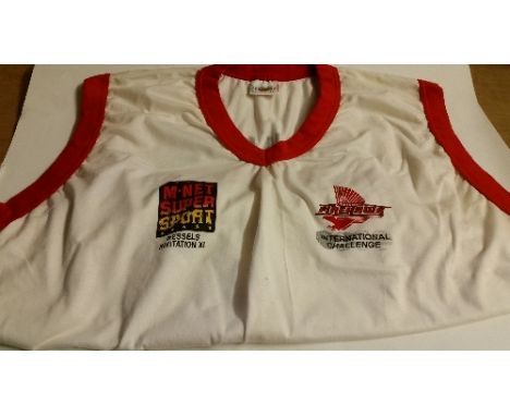 CRICKET, signed sleeveless players shirt by Schulz, playing for Wessels Invitational XI in Firestone International Challenge,