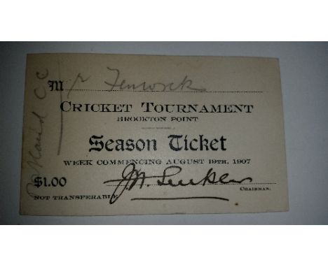 CRICKET, 'season ticket' card for Brockton Point Cricket Tournament (Vancouver, Canada), week commencing August 19th 1907, wi