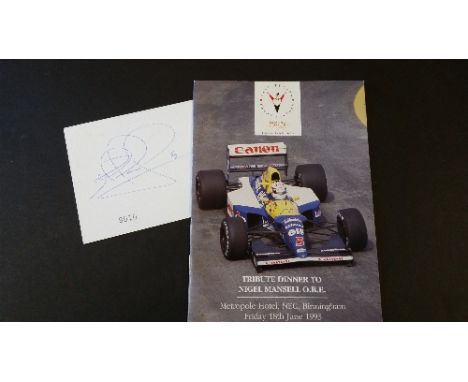 MOTOR RACING, signed Nigel Mansell Tribute dinner ticket (by Mansell to blank back) & menu (Lionel Blair, Sue Pollard & one o