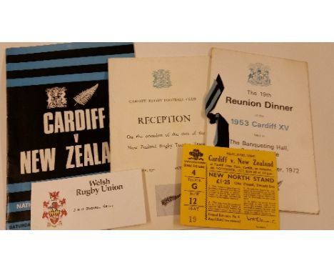 RUGBY UNION, selection from Cardiff v New Zealand match, 4th Nov 1972, inc. programme & ticket, VIP dinner menu, place card f