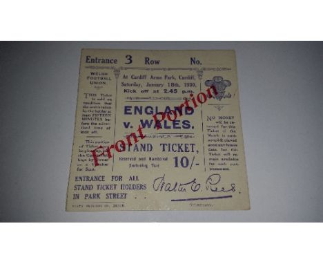 RUGBY UNION, ticket, Wales v England, 18th January 1930, VG