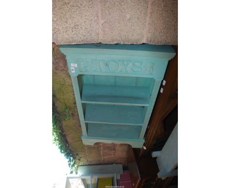 A green 3 shelf Storage unit, 58" wide x 9" deep x 33" high and a wooden bookcase, 25" wide x 10" deep .