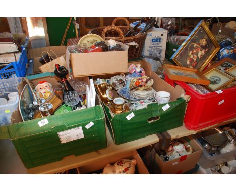 Three boxes of misc. china, pictures, frames, candlestick, ornaments etc.