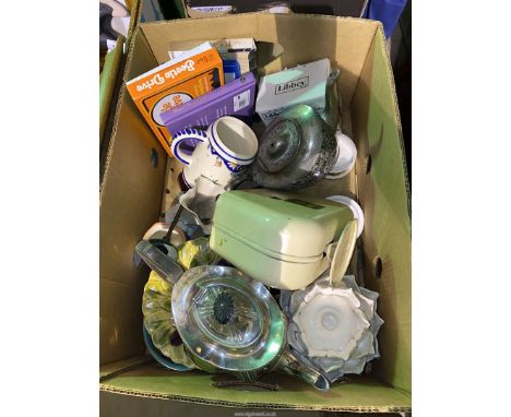 A box of plated teapots, vintage scales etc