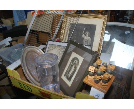 A wooden Noughts and Crosses, black and white prints, plate rack etc.