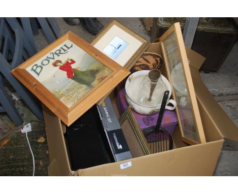 A box of kitchenware, cheese serving set, small hunting horn, pictures etc.