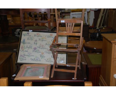 A child's fold up chair, tapestry of flowers etc.