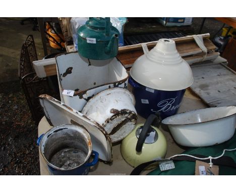 A quantity of enamel ware, bread bin, kettle, lamp shade etc.