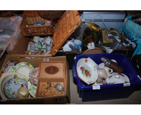 Two baskets, plus a picnic basket with china, clocks, hip flask, ornaments etc.