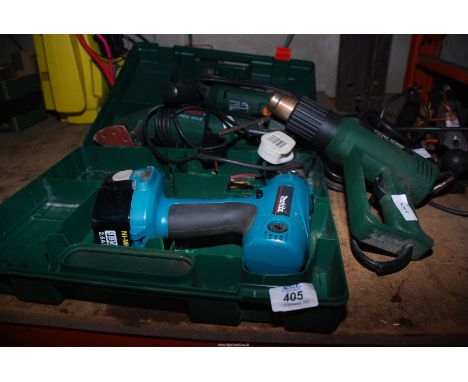 A Makita 18 volt cordless drill, no charger, Bosch EDA palm sander, electric drill and heat gun. (running at time of lotting)