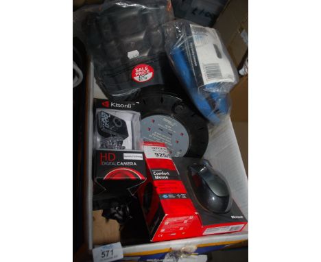 Extension leads, knee pads, computer mouse and a camera.