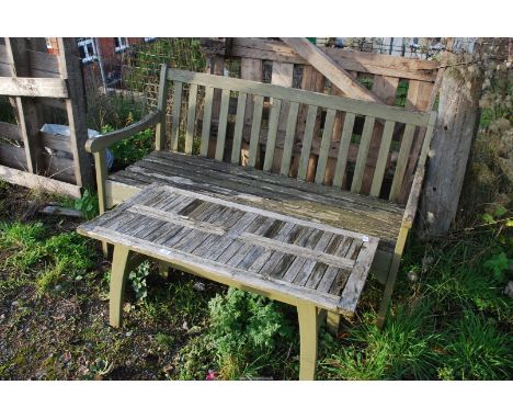 A Garden bench, 54" long x 33" high and small table 39" long x 20" high, a/f.