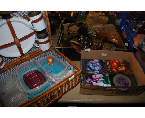 Three boxes containing candle holders, DVD's, flasks, bed warmer, trumpet and picnic hamper.