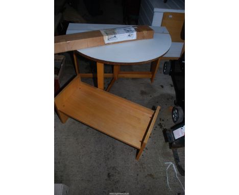 A chipboard Formica drop leaf table, tapestry frame, etc.