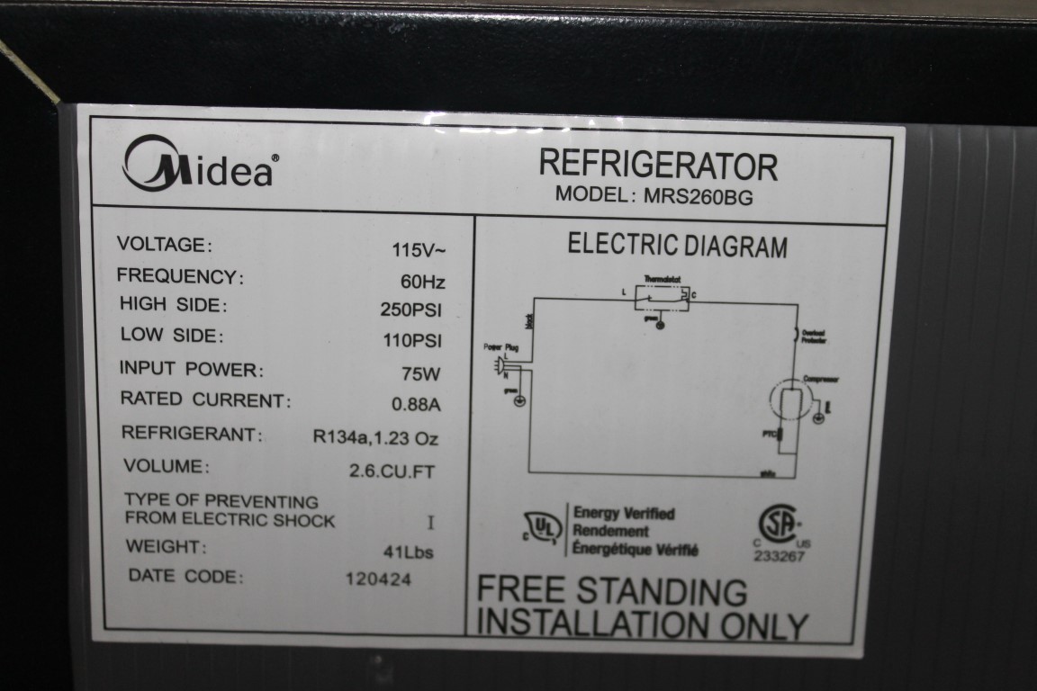MIDEA 2.6 CU. FT. REFRIGERATOR MODEL MRS260BG VALTAGE 115V 60 HZ, 75