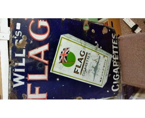 WILLS, enamelled metal showcard for Flag Cigarettes, showing packet (with warship) on dark blue background, 24 x 36, damage t