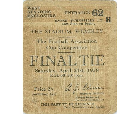 FOOTBALL, ticket stub for 1928 FA Cup Final, Blackburn Rovers v Huddersfield Town, results in ink to back, creased & corner k