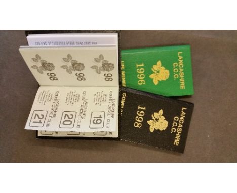CRICKET, Lancashire members season ticket books, 1996 (Life Member) & two 1998 (Complimentary), each given to Cyril Washbrook