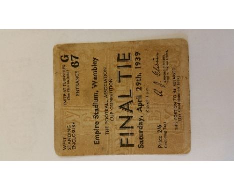 FOOTBALL, ticket stub for 1939 FA Cup Final, Portsmouth v Wolverhampton Wanderers, results in ink to back, creased & corner k