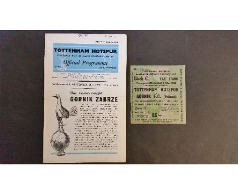 FOOTBALL, programme & ticket for Tottenham Hotspurs v Gornick Zabrze, 21st Sept 1961, 2nd leg of EC preliminary round, VG, 2