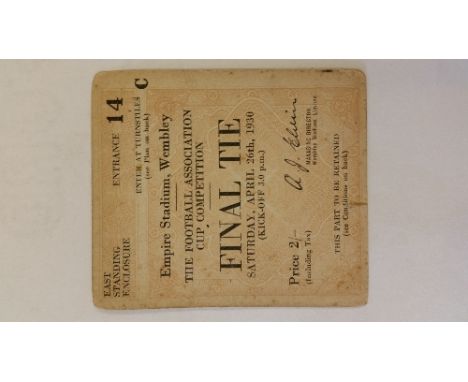 FOOTBALL, ticket stub for 1930 FA Cup Final, Arsenal v Huddersfield Town, results in ink to back, creased & corner knocks, FR