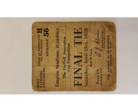 FOOTBALL, ticket stub for 1936 FA Cup Final, Arsenal v Sheffield United, results in ink to back, corner knocks, FR