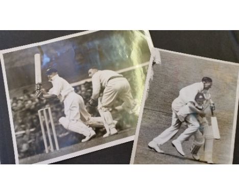 CRICKET, Don Bradman, two b/w press photos, one showing Bradman batting against Worcester 1938 and the other colliding with M