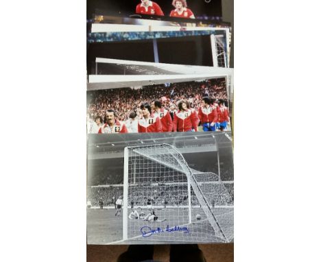 FOOTBALL, signed photos (16 x 12), inc. Lawrie Reilly, Jim McCalliog (2), Terry Medwin, Graham Wilkins; Arsenal, Wolves etc.,