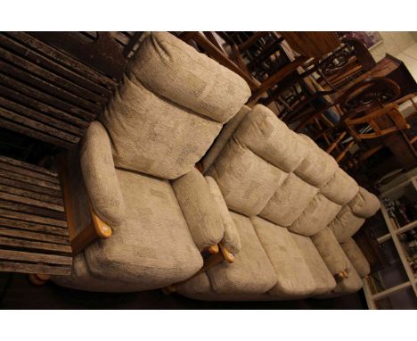 Beech framed three piece lounge suite in light fabric.