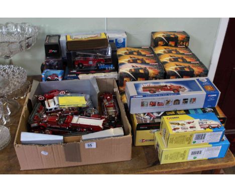 Collection of fire engine Diecast toys, loose and boxed by Corgi, Matchbox, Cararama, etc.