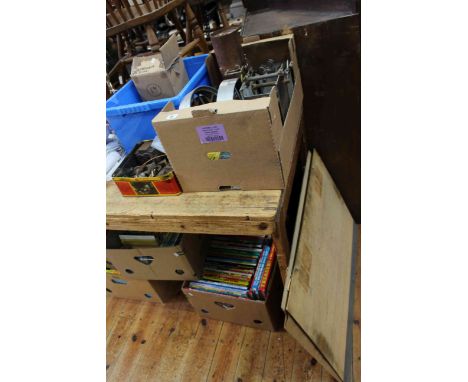 Collection of tools, model traction engine, wheels, plane, steam pump, etc.