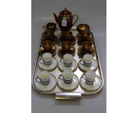 Carlton red and gold fifteen piece tea set together with Shelley silver handled twelve piece cups and saucers.