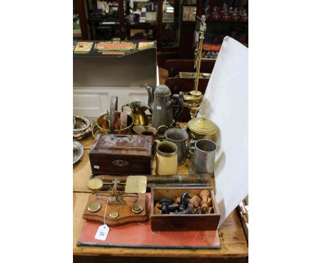 Collection of metal wares, Georgian caddy, two truncheons, postal scales, chess pieces.