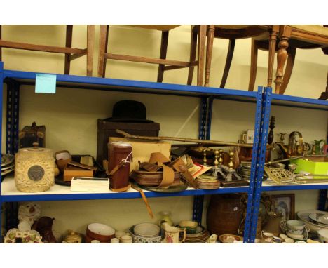 Shelf of collectables including Point-to-Point Steeplechase Hunt programmes, EPNS ware, binoculars, top hat with box, cutlery