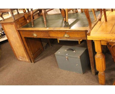 Oak two drawer office table, slim four drawer chest, four drawer bow front chest, two pedestals and sewing machine (6).