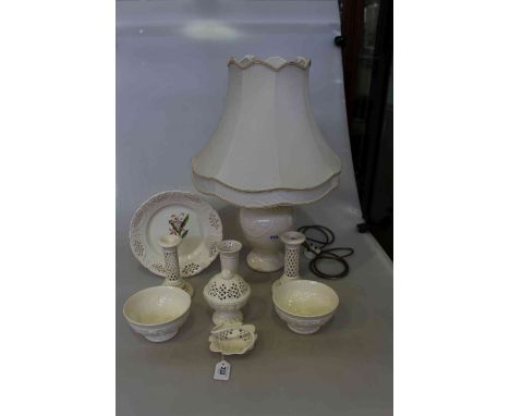 Collection of nine pieces of Royal Creamware including table lamp and shade.