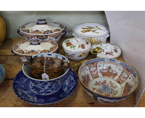 Collection of ceramics including Evesham Royal Worcester, Oude tureens, Oriental bowl, brass candle holder.