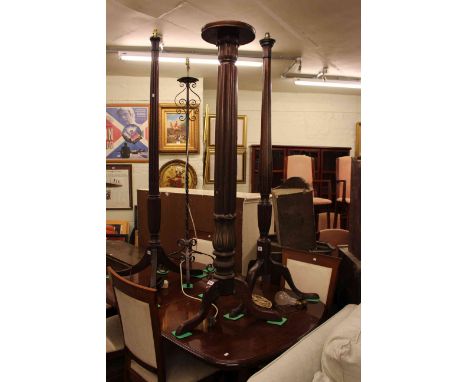 Victorian mahogany fluted column torchere, two tripod mahogany standard lamps and wrought iron standard lamp (4).
