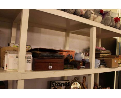 Shelf lot including first day covers, writing box, decanters, telephone, LP's, books, ceramics, binoculars, prints, corkscrew