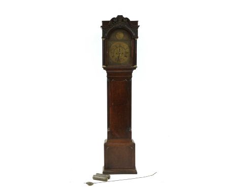 A George II and later longcase clock,18th century, the arched brass dial with subsidiary second dial and date aperture bearin