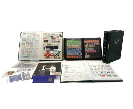 Five stock books of world stamps, and a few first day covers, containing KGVI peace issues, a Charlotte Bronte, missing P and