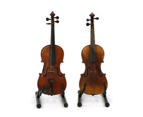 An early 20th Century Continental violin, probably German, with an orange/brown varnish, the figured two-piece back measuring