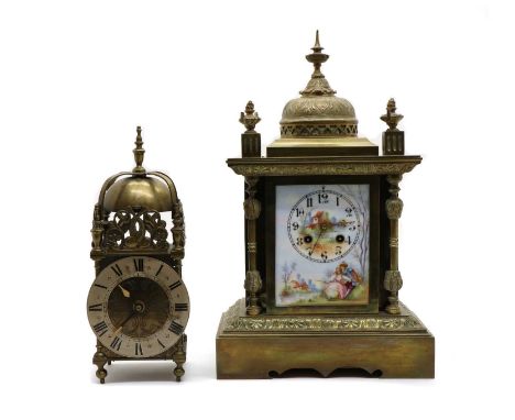 A brass mantel clock,late 19th century, French, the painted porcelain dial enclosing a two train drum movement striking a gon