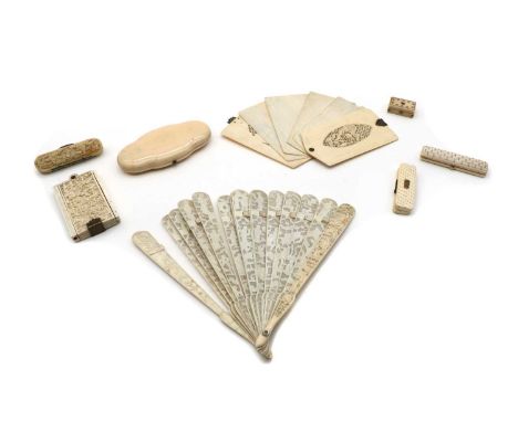 A collection of novelty ivory items, comprising George III ivory and 14ct gold toothpick case, with internal mirror, 7.7cm wi