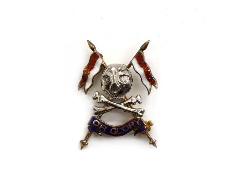A Royal Lancers 9ct gold and enamel sweetheart brooch, with the regimental insignia of the skull and crossbones over 'OR GLOR