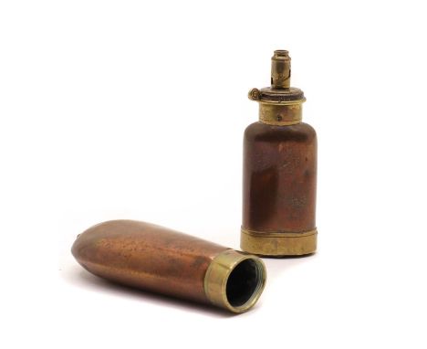 A Hawkesley copper and brass powder flask,from a fitted case, with adjustable nozzle, 10cm highand another copper case for a 