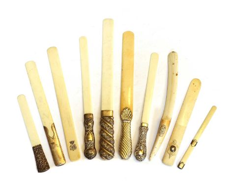 A collection of ten ivory page turners, Victorian and later, comprising seven silver mounted examples,  largest 43cm long (10